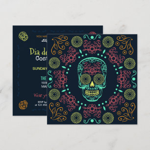 Dia de los Muertos Neon Crâne floral   Invitation