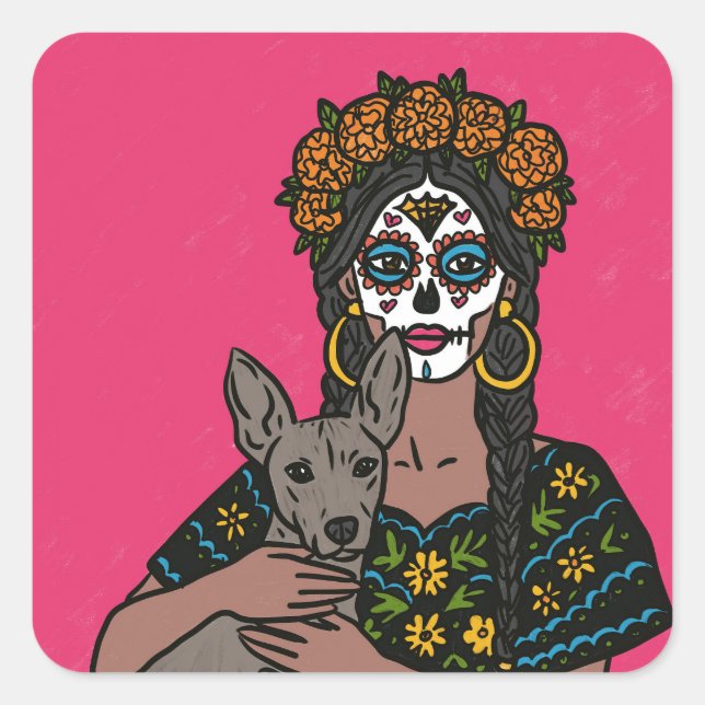 Dia de Muertos Marigold and Xolo Dog Stickers (Devant)