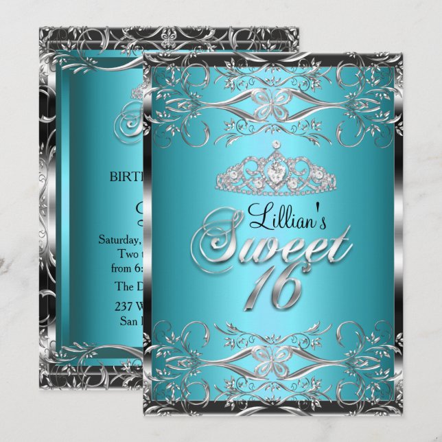 Diadème Damassé & Diamant Bleu Argent Invitation D (Devant / Derrière)