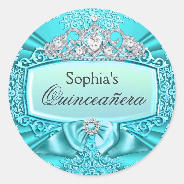 Diadème sarcelle & autocollant Quinceanera damassé (Devant)