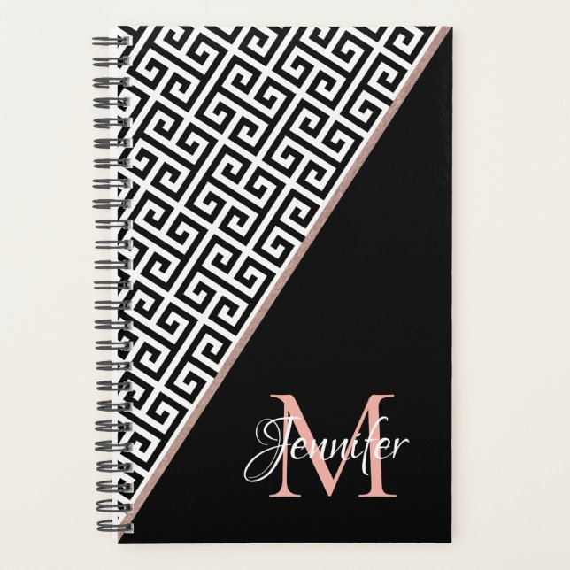 Diagonal Rose Gold Foil Clé grecque Noir Monogramm (Devant)
