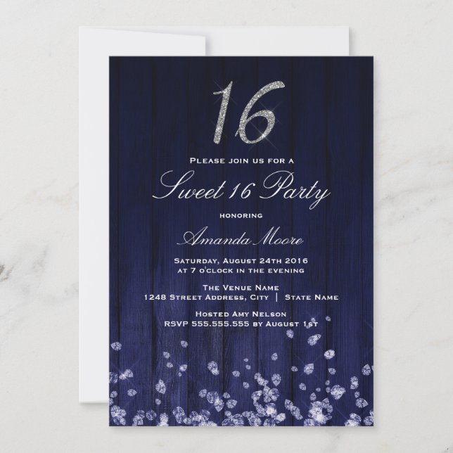 Diamant étincelant Bleu Silver Sweet 16 Invitation (Devant)