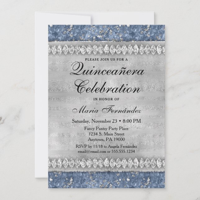 Diamants bleus Quinceañera Invitation Glam argent (Devant)