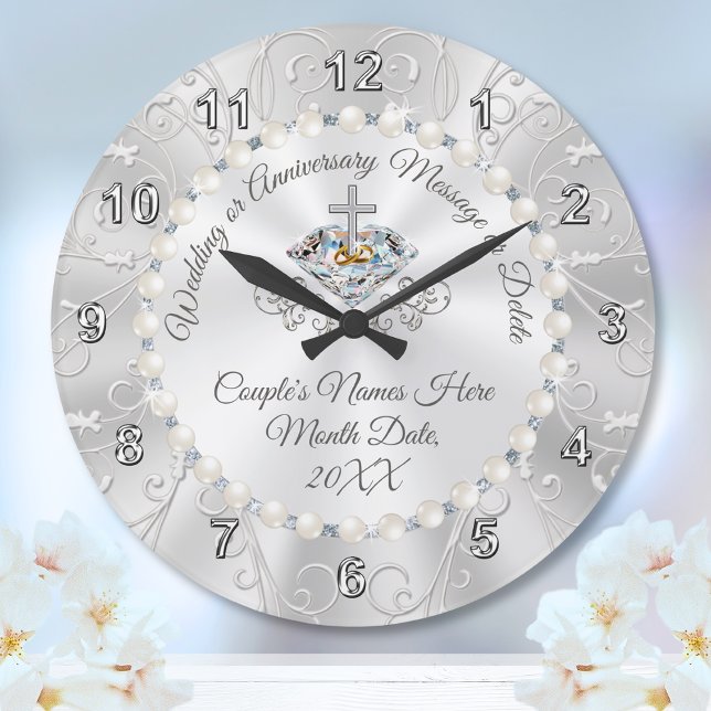Diamants et perles Horloge Mariage personnalisée (Christian Wedding Gift for Bride and Groom. Christian Anniversary Gifts. Any Year. Christian Clock.)