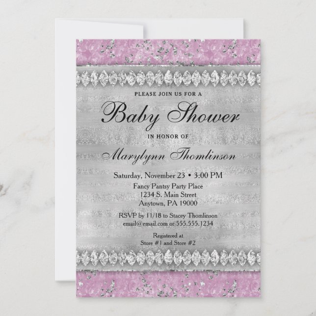 Diamants roses Baby shower Invitation fille Bling (Devant)