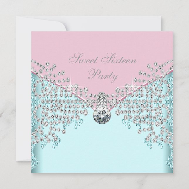 Diamants roses Invitation Anniversaire 16 ans bleu (Devant)