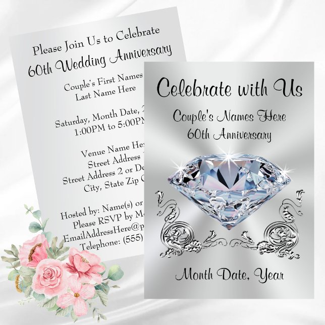 Diamond Personalized, Cartes d'invitation pour le  (Personalized, 60th wedding anniversary invitations. Diamond anniversary invitations. Diamond symbol.)