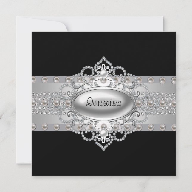 Diamonds Pearls Black Quinceanera Invitations (Devant)