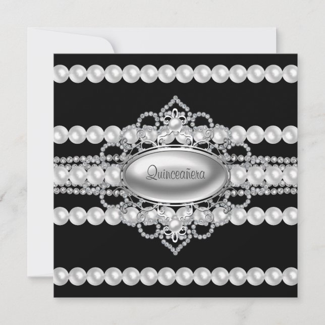 Diamonds Pearls Black Quinceanera Invitations (Devant)