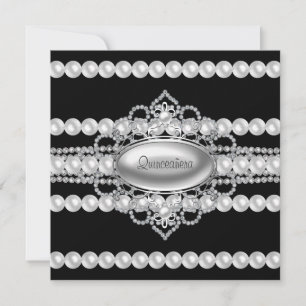 Diamonds Pearls Black Quinceanera Invitations