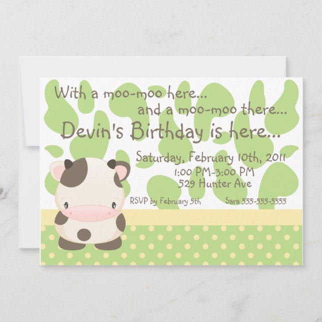 Diddles Farm Moo-Cow Green Birthday Invitation (Devant)