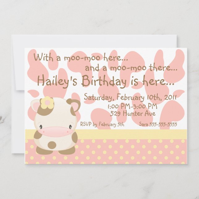 Diddles Farm Moo-Cow Pink Invitation d'anniversair (Devant)