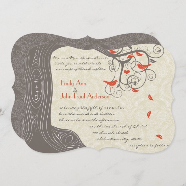 Die Cut Coral Tree Birds Mariage Invitations (Devant / Derrière)
