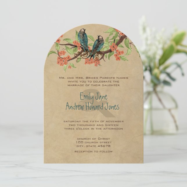 Die Cut Rustic Inséparables mariage invitations (Debout devant)