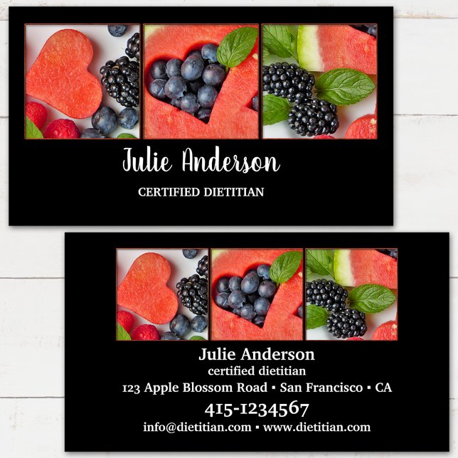Diététiste nutritionniste Carte de visite alimenta (Business card for a nutritional therapist or professional dietitian featuring fresh fruits )