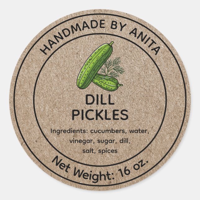 Dill Pickers Concombres Jar Étiquette Kraft Design (Devant)
