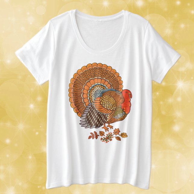 Dinde mâle de Thanksgiving Queue épanouie Couleurs (Male turkey fanned tail brown orange feathers with Autimn leaves on womans plus size tee shirt.)