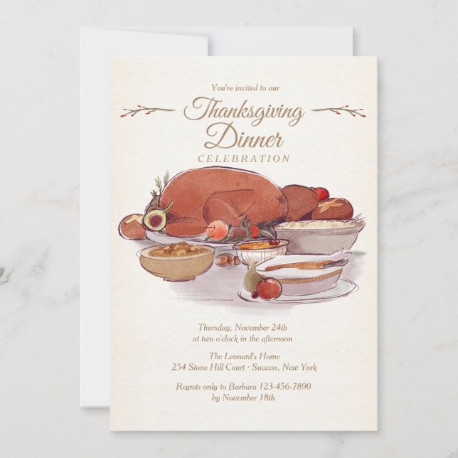 Dîner de dinde en aquarelle Invitation (Devant)