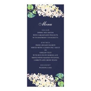Dîner de mariage floral marine. Menu fleurs blanch