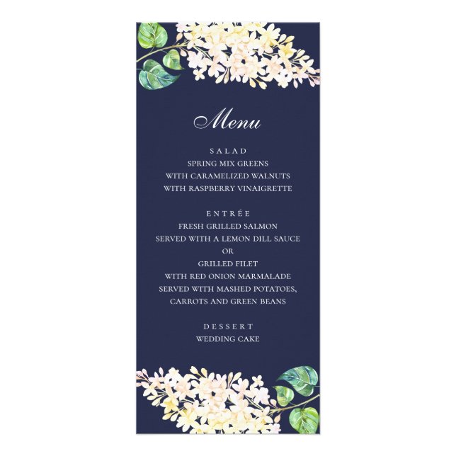 Dîner de mariage floral marine. Menu fleurs blanch (Devant)