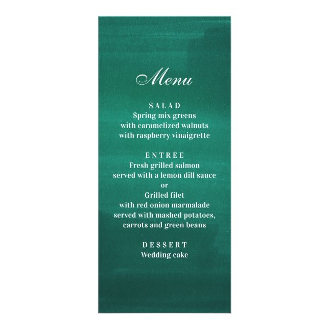 Dîner de mariage moderne vert foncé. Menu émeraude (Devant)