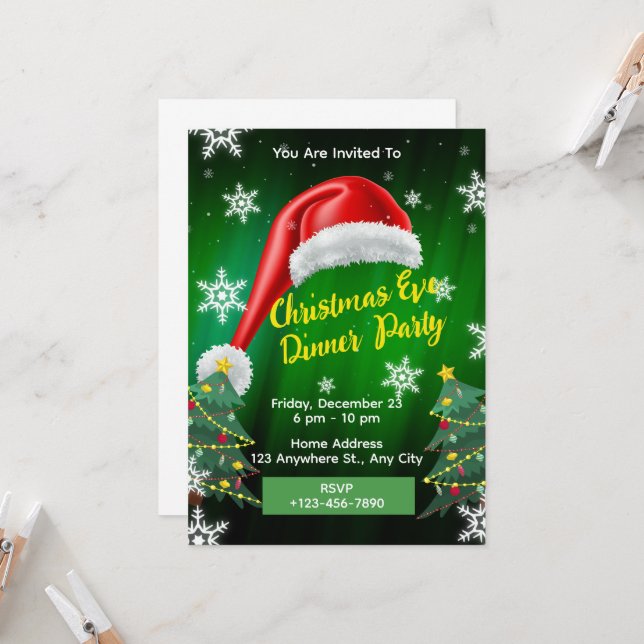 Dîner de Noël Invitation Carte modifiable (Devant/Arrière en situation)