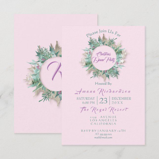 Dîner de Noël Invitation Pink Purple Mint (Devant / Derrière)