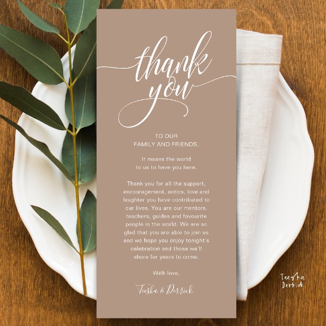 Dîner de répétition Carte de remerciements de régl (Modern Script Wedding Guest Dinner Reception Brunch Lunch Thank You Card in Warm Chic Taupe Brown)