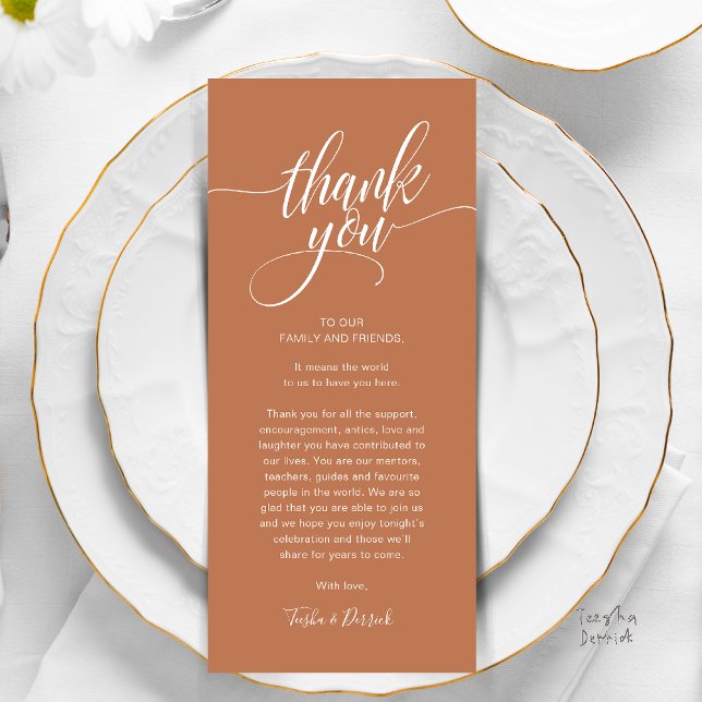 Dîner de répétition Carte de remerciements de régl (Modern Script Wedding Guest Dinner Reception Brunch Lunch Thank You Card in Copper Brown Terracotta)
