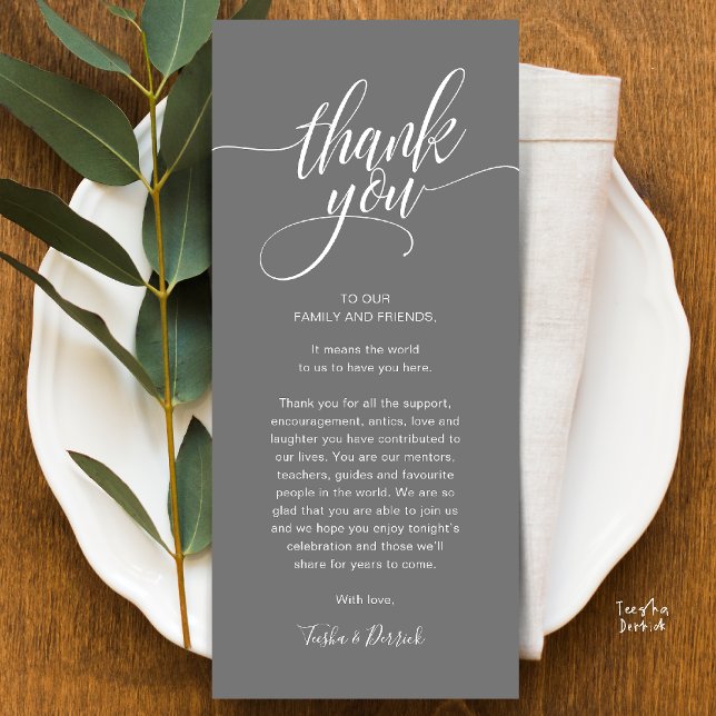 Dîner de répétition Carte de remerciements de régl (Modern Script Wedding Guest Dinner Reception Brunch Lunch Thank You Card in Classy Warm Dark Grey)