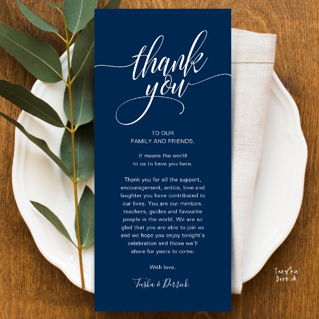 Dîner de répétition Carte de remerciements de régl (Modern Script Wedding Guest Dinner Reception Brunch Lunch Thank You Card in Classy Navy Blue)