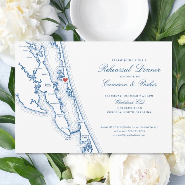 Dîner de répétition Corolla NC OBX carte bleu mari (Corolla NC Rehearsal Dinner Invitation with Elegant navy blue Outer Banks map by Coastal Map Designs)