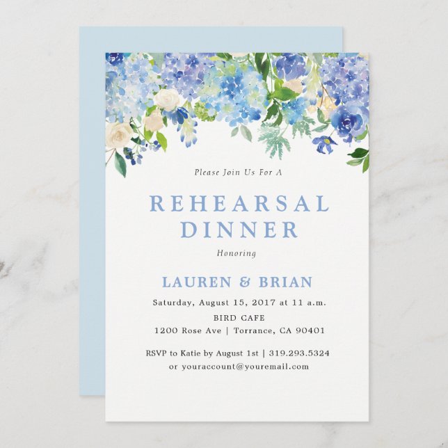Dîner de répétition d'aquarelle bleue Invitation (Devant / Derrière)