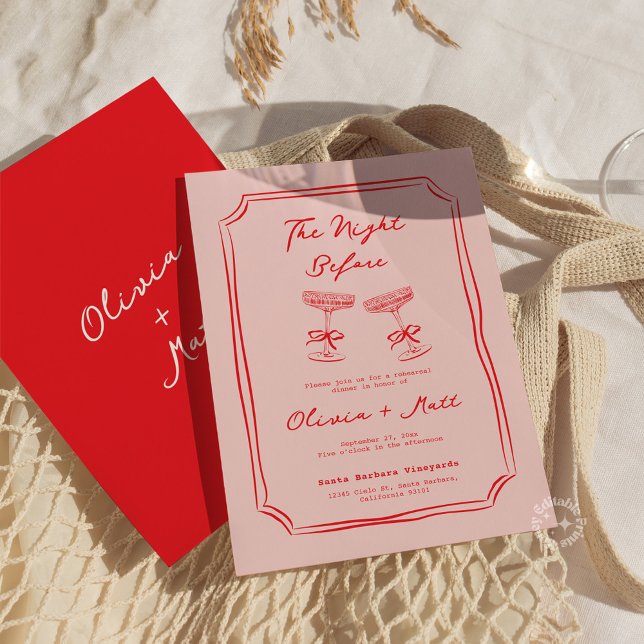 Dîner de répétition de mariage manuscrit Rouge + R (whimsical rehearsal dinner cocktails drinks wedding invite)