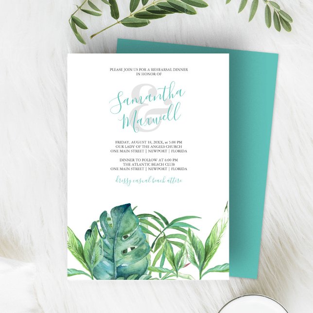 Dîner de répétition des Feuilles tropicaux (tropical beach wedding invitations features watercolor palm leaves in shades of green. )