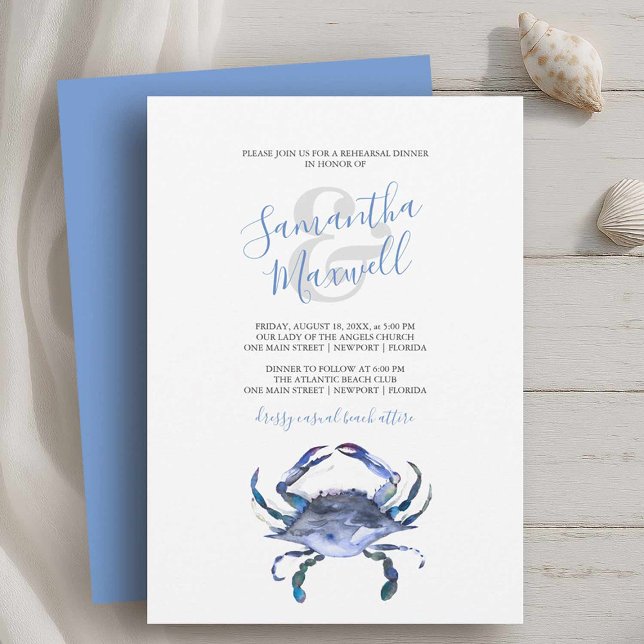 Dîner de répétition d'été Invitations Crabe bleu (classy rehearsal dinner invitations with blue crab on a white background printable or printed cards)