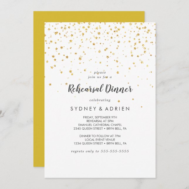Dîner de répétition Gold Confetti Invitation (Devant / Derrière)