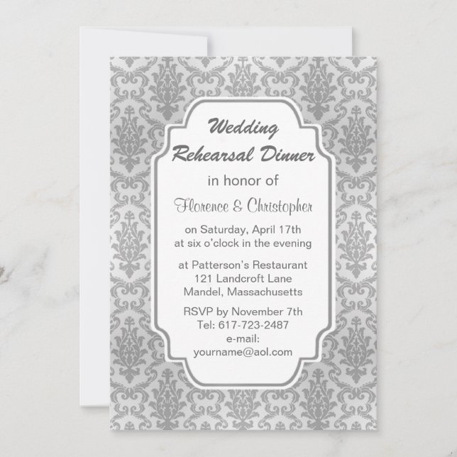 Dîner de répétition gris argent Damask Invitation (Devant)