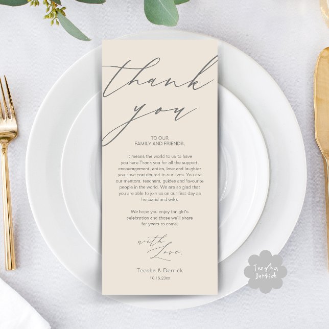 Dîner de répétition Mariage moderne Carte de remer (Modern Wedding Rehearsal Dinner Thank You Card in Cream Grey)
