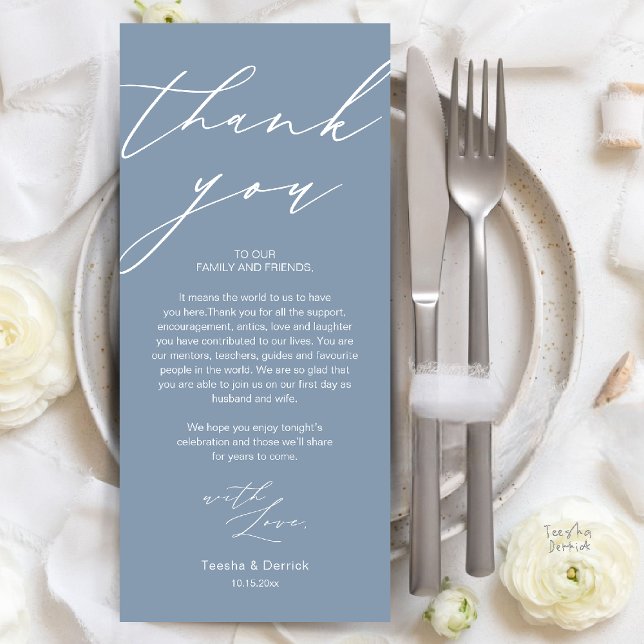 Dîner de répétition Mariage moderne Carte de remer (Modern Wedding Rehearsal Dinner Thank You Card in Dusty Blue)