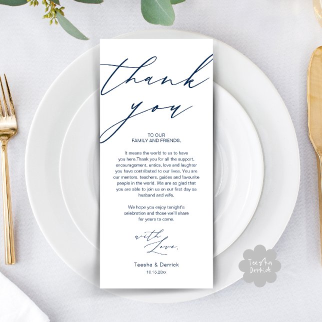 Dîner de répétition Mariage moderne Carte de remer (Modern Wedding Rehearsal Dinner Thank You Card in navy Blue)