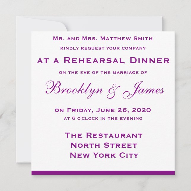 Dîner de répétition Mariage violet Invitations Bow (Devant)