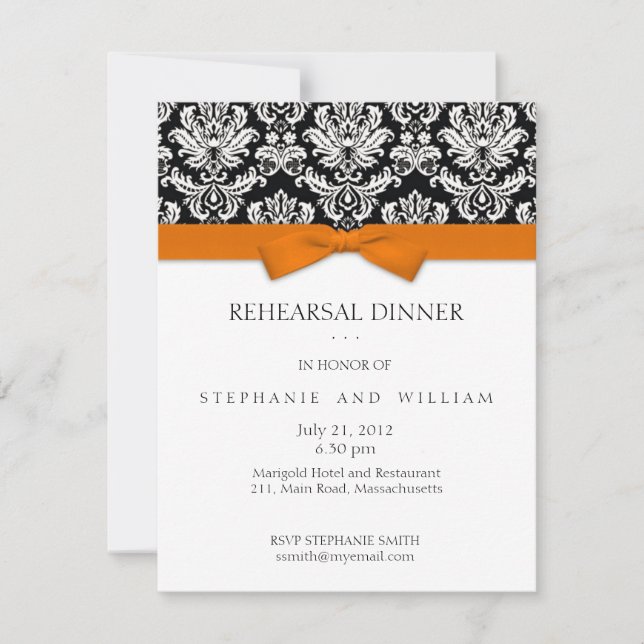 Dîner de répétition Orange Bow Damask Invitation (Devant)