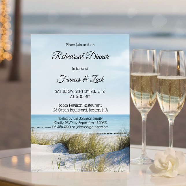 Dîner de répétition plage et dunes Invitation (Modern rehearsal dinner invitation with an image of dunes overlooking a beach)