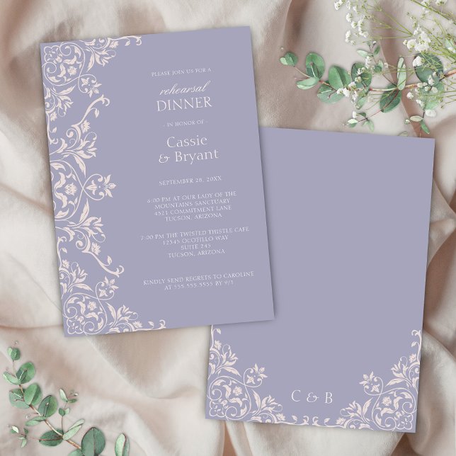 Dîner de répétition Purple Lavender Invitation (Elegant purple lavender wedding rehearsal dinner invitation with romantic vintage french lilac theme)