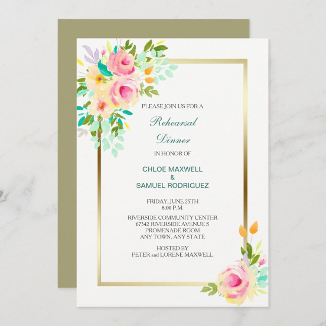 Dîner de répétition Rose Mariage Invitation (Devant / Derrière)