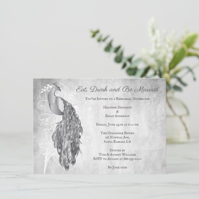 Dîner de répétition Silver Peacock Invitation (Debout devant)
