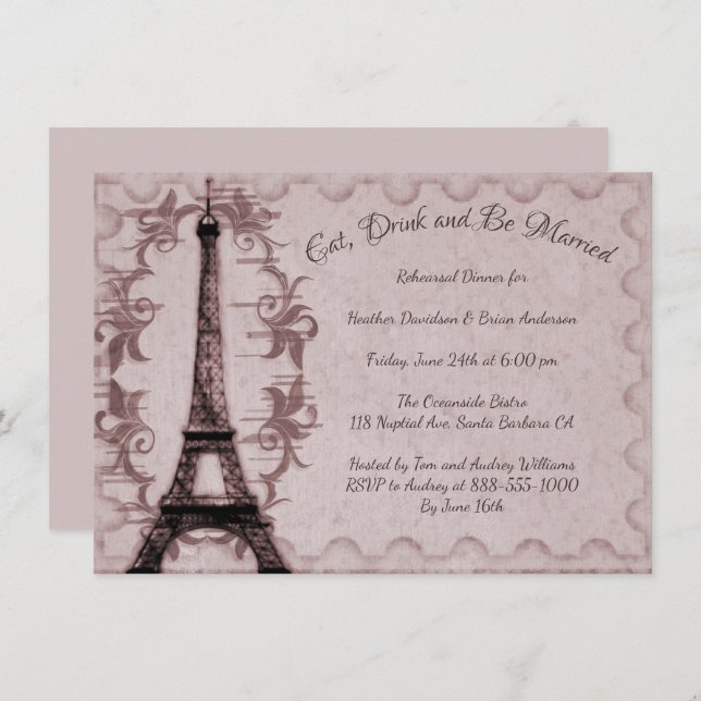 Dîner de répétition Tour Eiffel rose Invitation (Devant / Derrière)