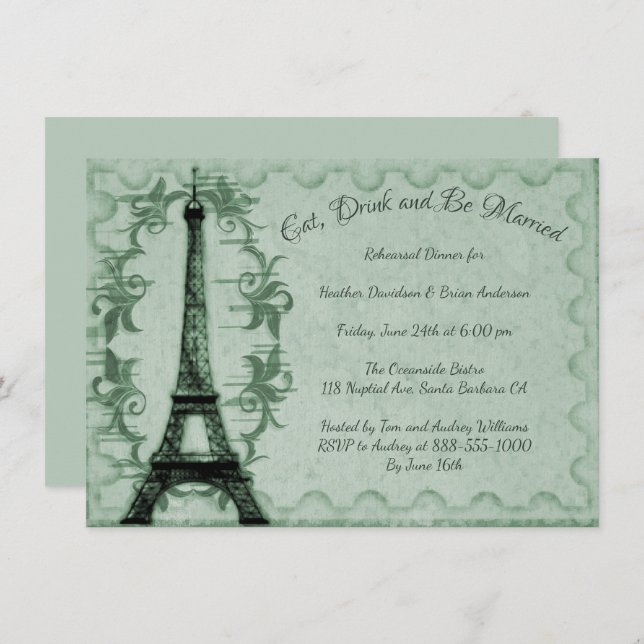 Dîner de répétition Tour Eiffel Vert Invitation (Devant / Derrière)