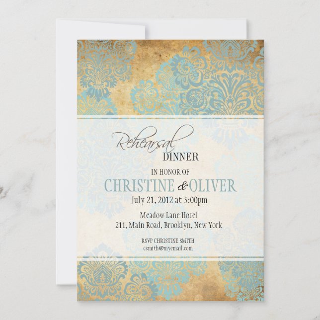 Dîner de répétition vintage Aqua Damask Invitation (Devant)